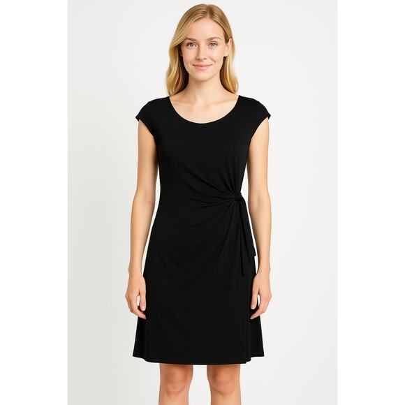Clara Sun Woo Dress Size Small Ruched Slimming Black Faux Wrap Work Classic - Picture 1 of 9